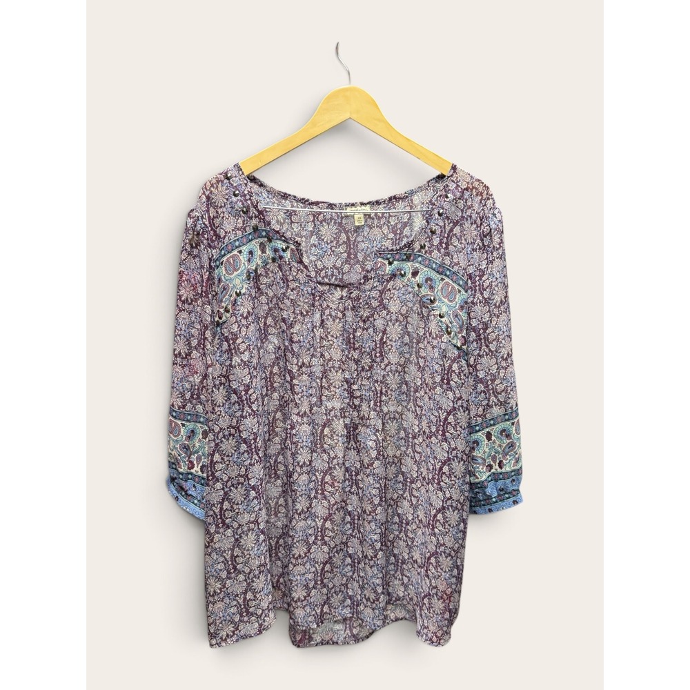 Eyeshadow Purple Paisley Sheer Boho Blouse Studded 3/4 Sleeve Top 2X B1673MY78